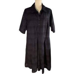 eShakti Navy Blue Eyelet Lace Flowy Short Sleeve Collared Dress Size L/XL